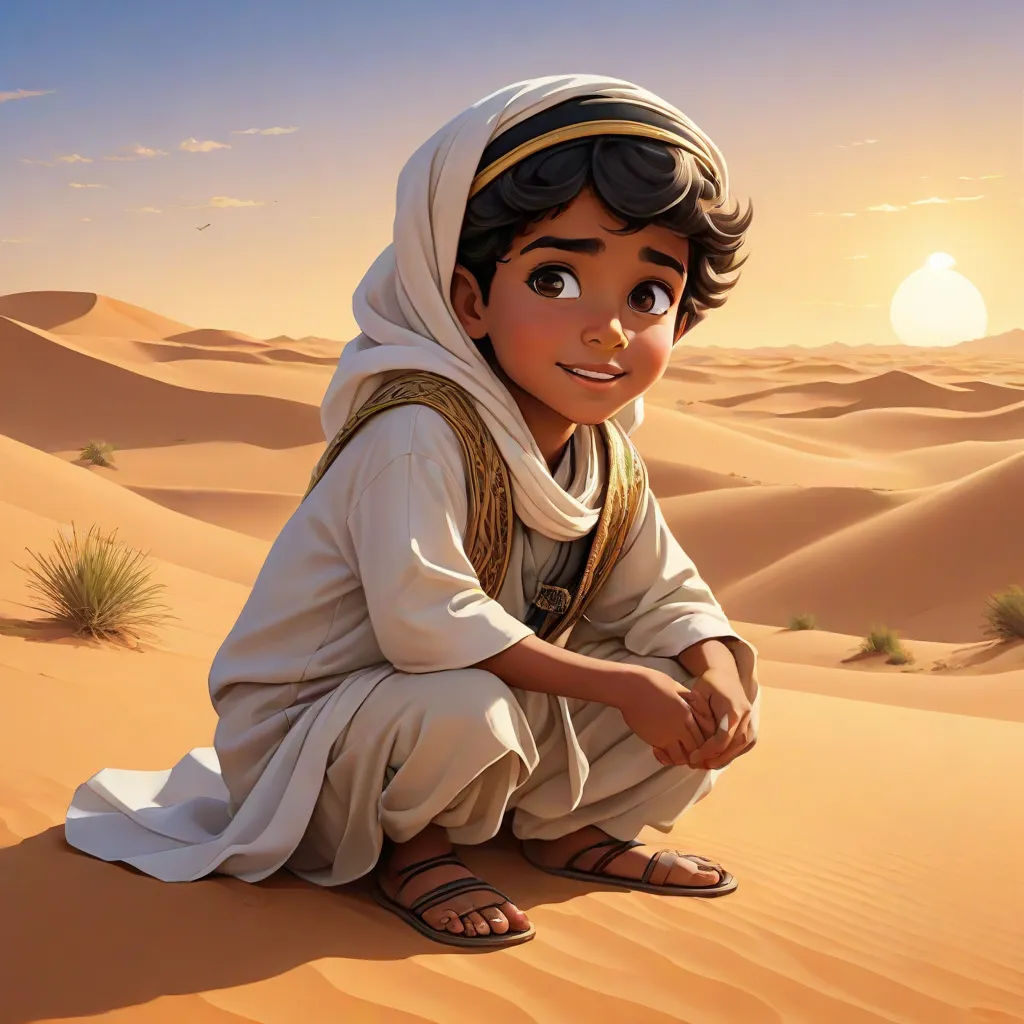 a cartoon character kneeling in the desert with a desert background and a sun setting in the distance behind him, Cliff Childs, hurufiyya, a storybook illustration, rossdraws global illumination