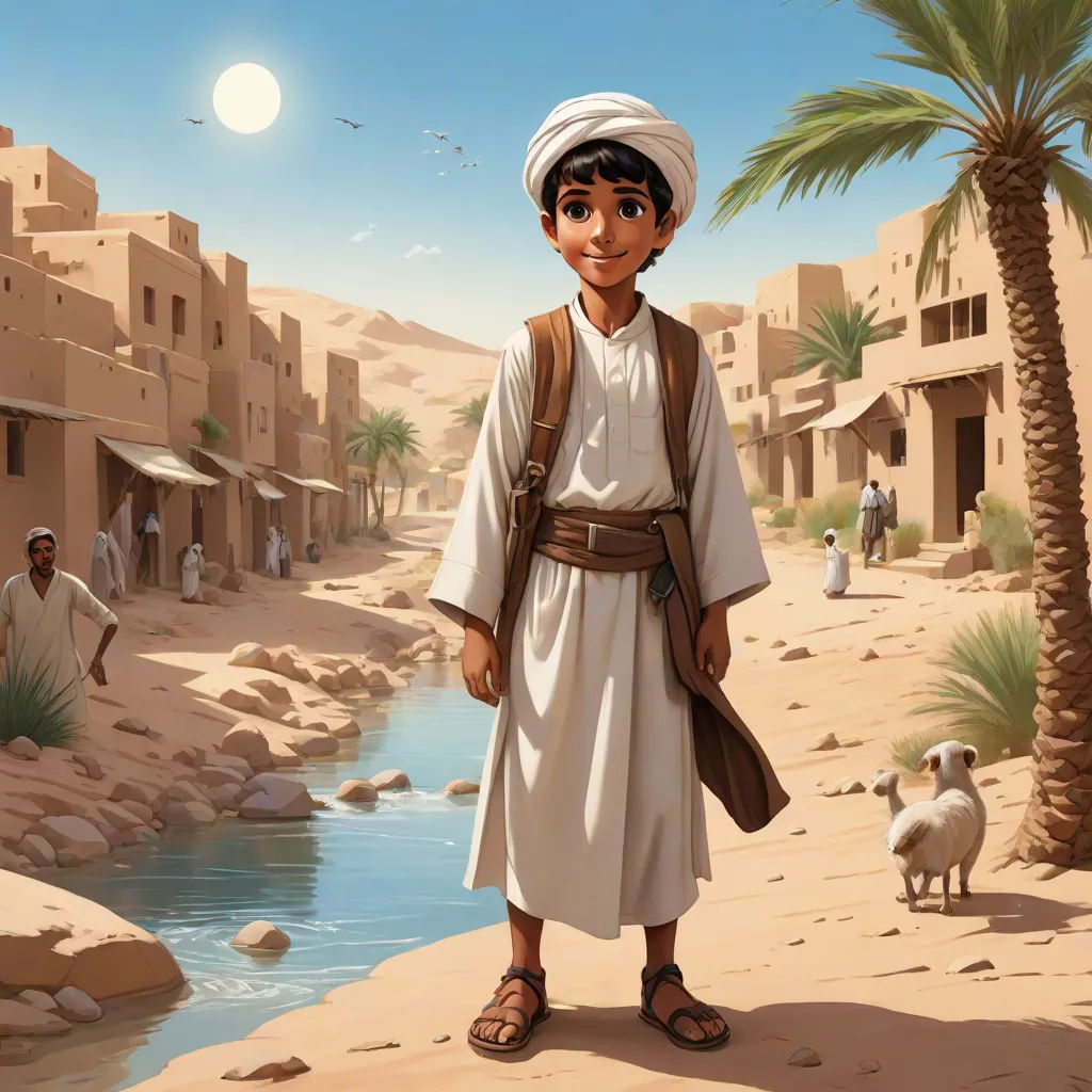a painting of a man in a desert village with a river and palm trees in the background and a man in a white robe, Asaf Hanuka, hurufiyya, egyptian art, orientalism