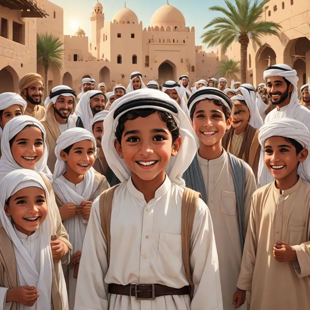 a group of people standing in front of a building with a sky background and palm trees in the background, Altoon Sultan, hurufiyya, a detailed matte painting, promotional image