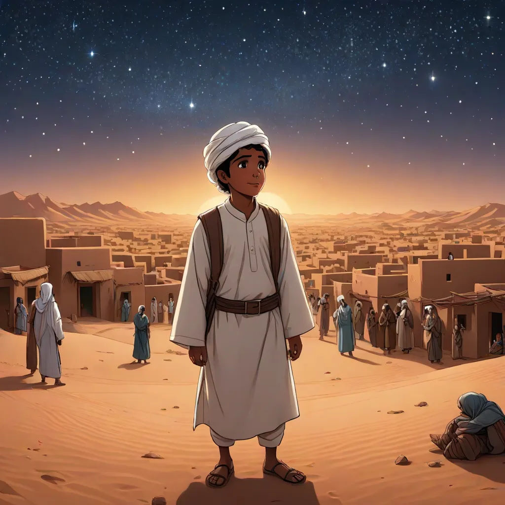 a cartoon of a man standing in the desert with a star in the sky above him and a group of people standing around him, Asaf Hanuka, hurufiyya, a comic book panel, promotional image