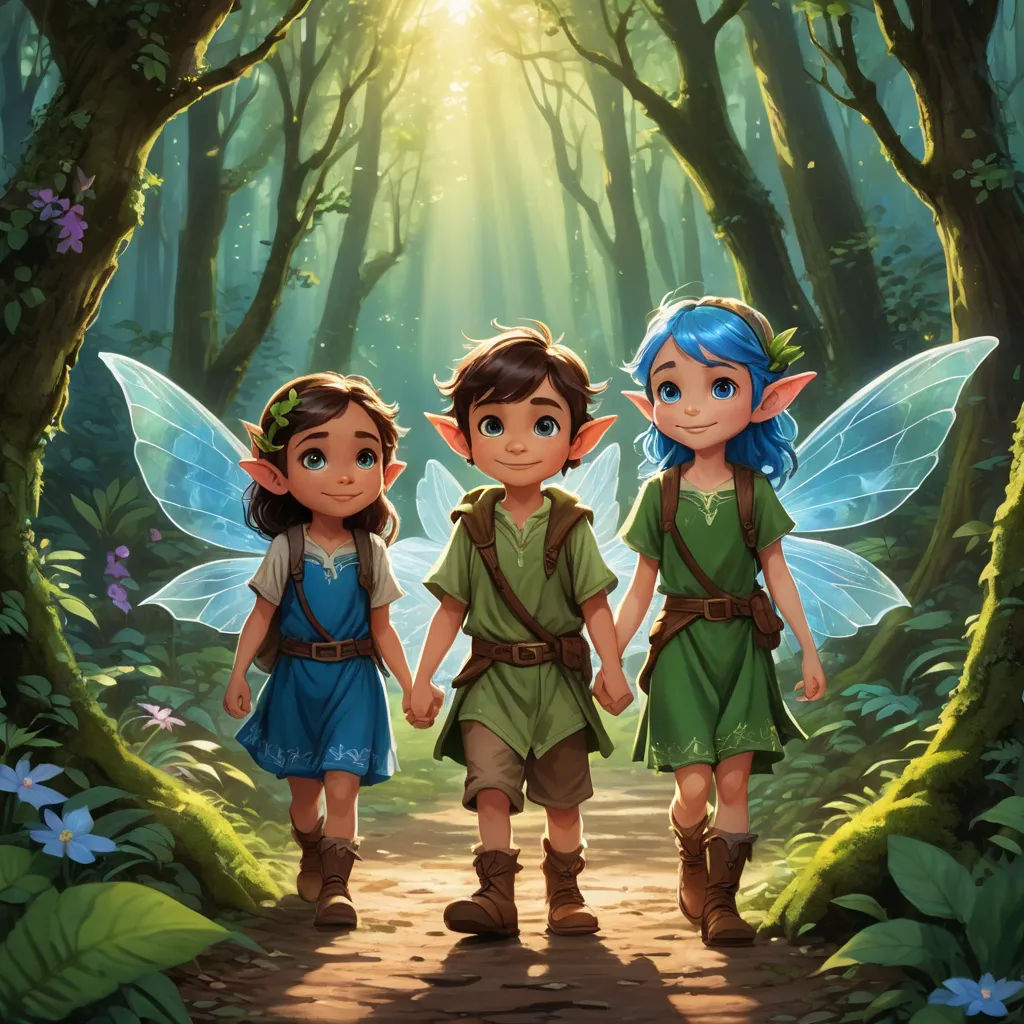 a group of three children walking down a forest path holding hands and looking at the camera with a fairy tale background, fantasy art, concept art, Drew Struzan, official art