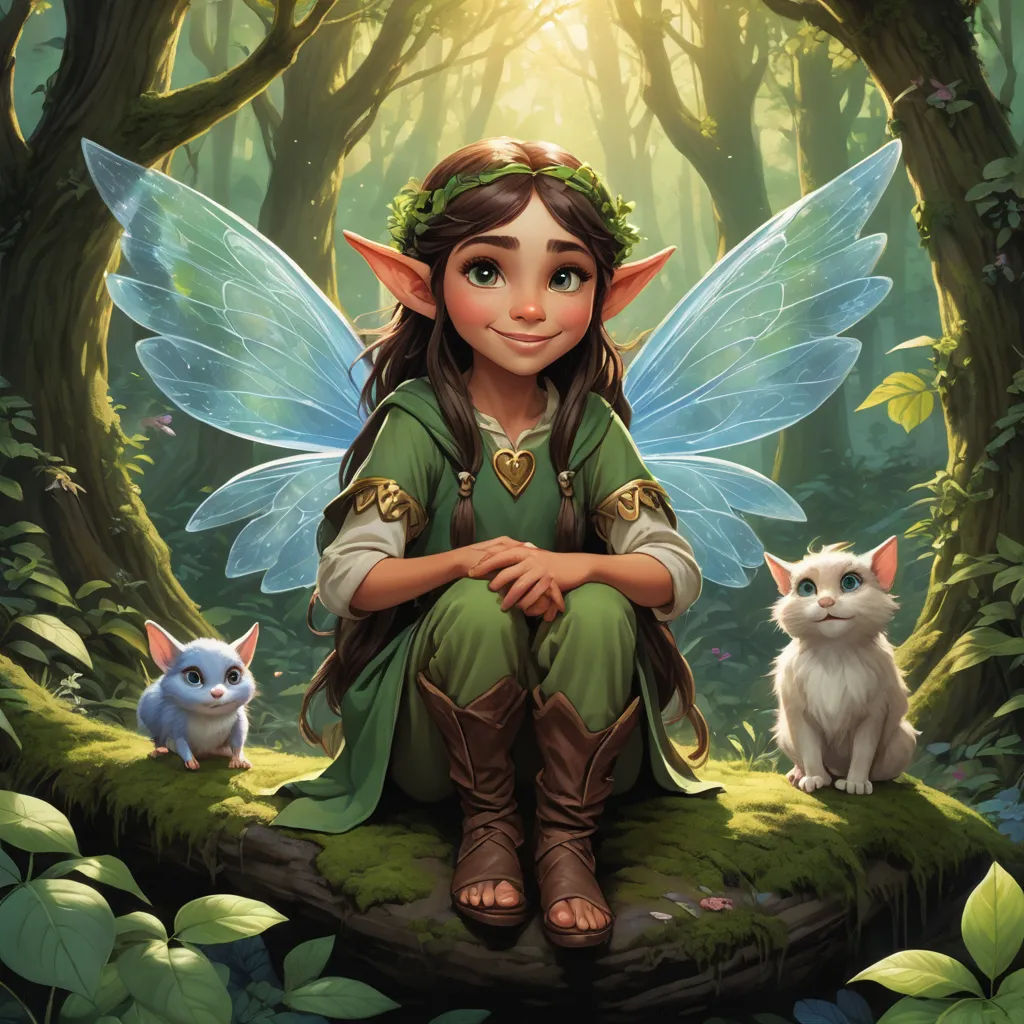 a fairy sitting on a log with two cats in the woods behind her and a cat sitting on the ground, fantasy art, a storybook illustration, Chris Rallis, official art