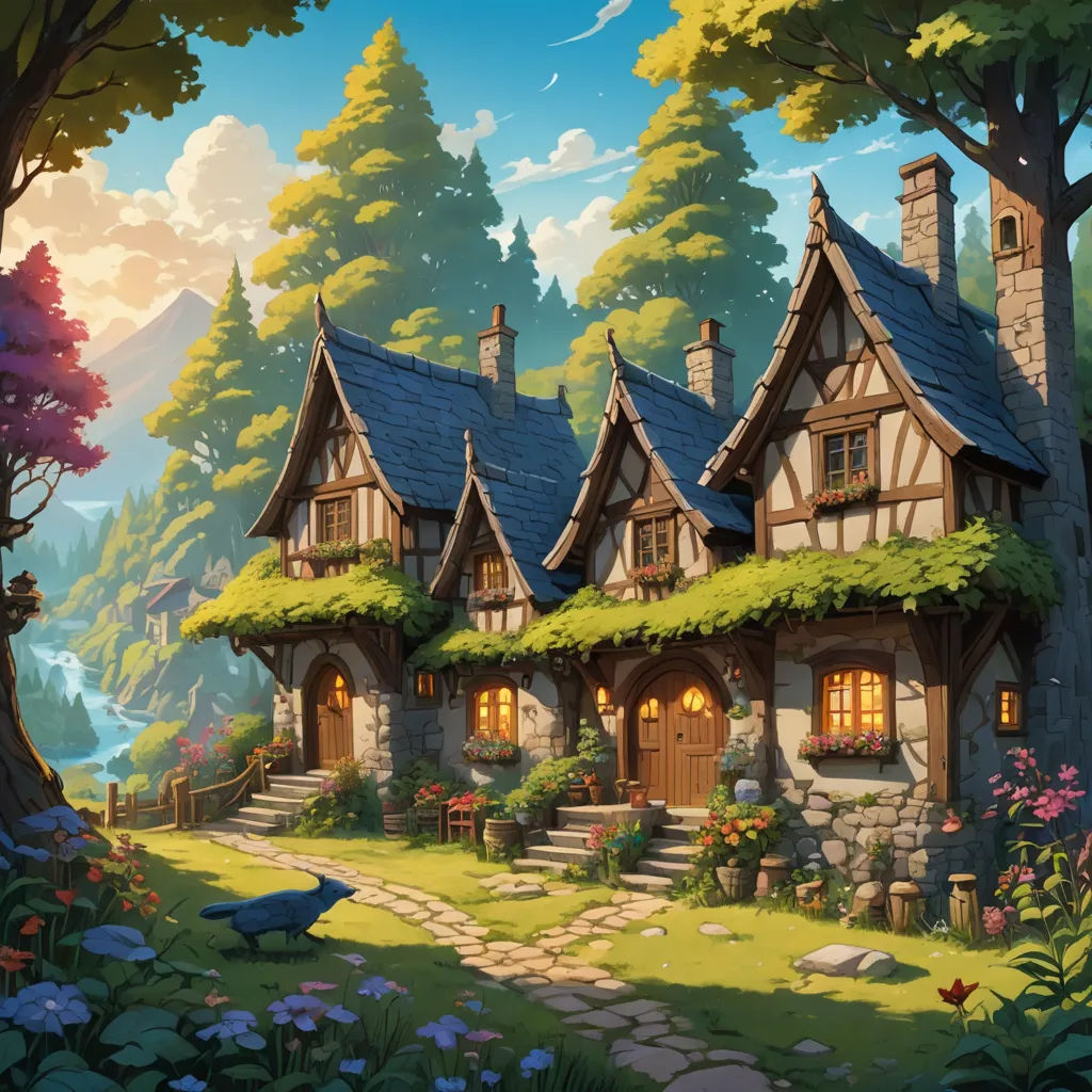 a painting of a house with a bird sitting in front of it and a bird flying by it's side, fantasy art, a detailed matte painting, Andreas Rocha, kinkade