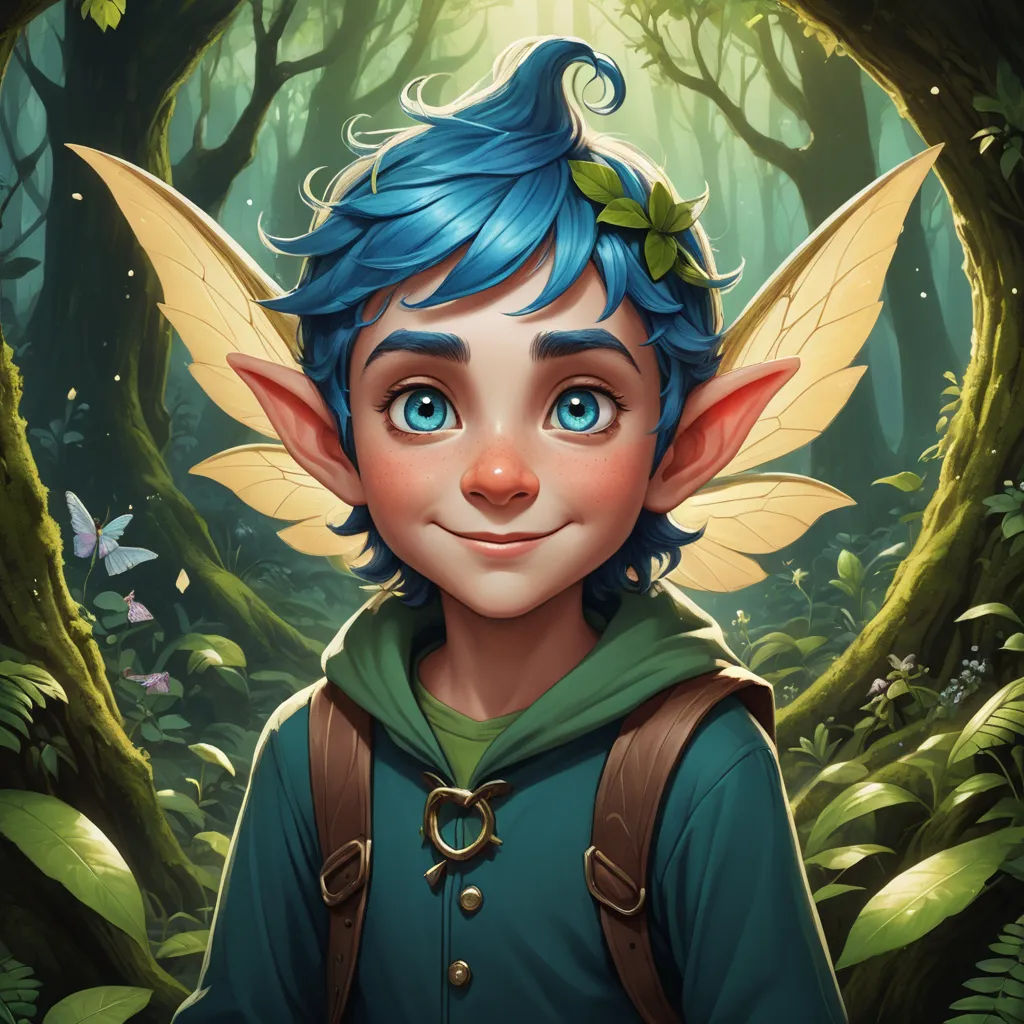 a cartoon character with blue hair and a green outfit in a forest with butterflies on his head and a green hoodie on, fantasy art, a character portrait, Cliff Childs, rossdraws global illumination