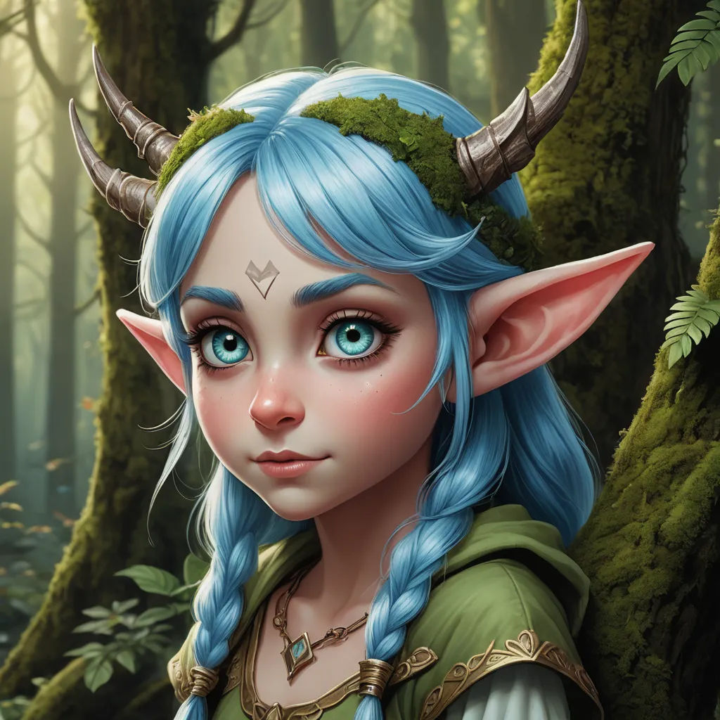 a painting of a blue haired elf with horns and a green dress in a forest with moss growing on her head, fantasy art, a detailed painting, Brom, trending on art station