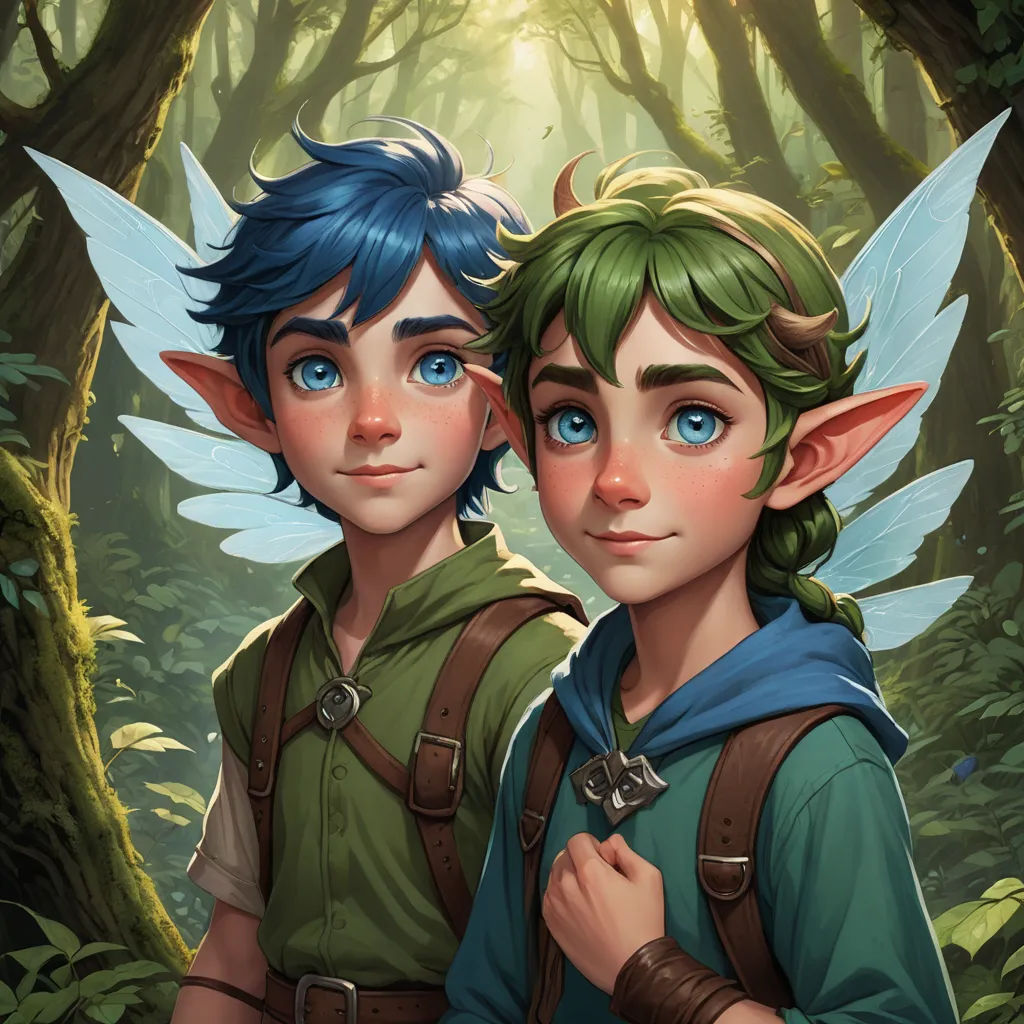 two people are standing in the woods with blue eyes and green hair, one is wearing a green shirt and the other is a blue shirt, fantasy art, concept art, Brothers Hildebrandt, official art
