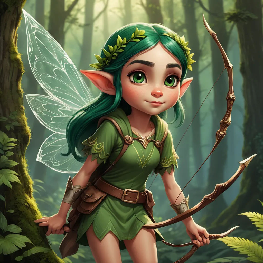 a cartoon fairy with green hair and a bow in a forest with trees and leaves on the ground,, fantasy art, a detailed painting, Cliff Childs, rossdraws global illumination