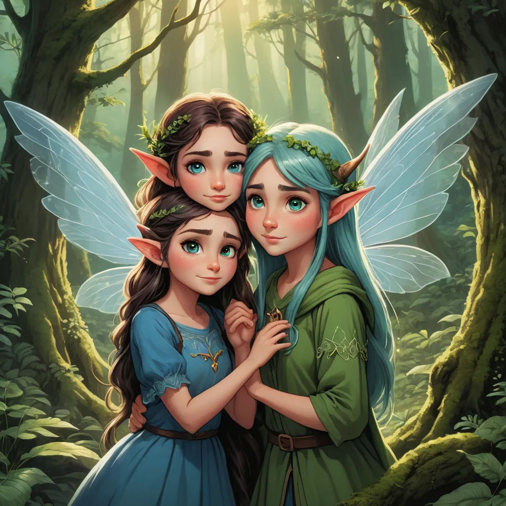 two girls in green dresses standing in a forest with trees and ferns on the ground, one of them is hugging the other, fantasy art, a storybook illustration, Cliff Childs, official art