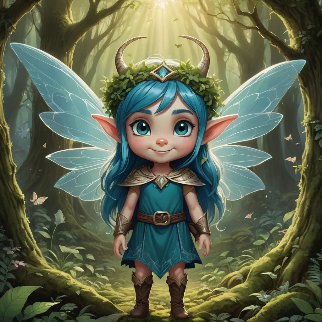a fairy with blue hair and horns standing in a forest with a sunbeam in her hair and a wreath on her head, fantasy art, a detailed painting, Anne Stokes, splash art