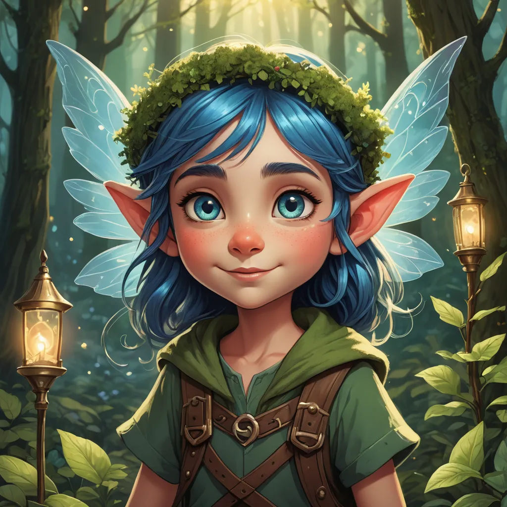 a cartoon fairy with blue hair and a green dress in the woods with a lantern light in her hand, fantasy art, a storybook illustration, Cliff Childs, rossdraws global illumination