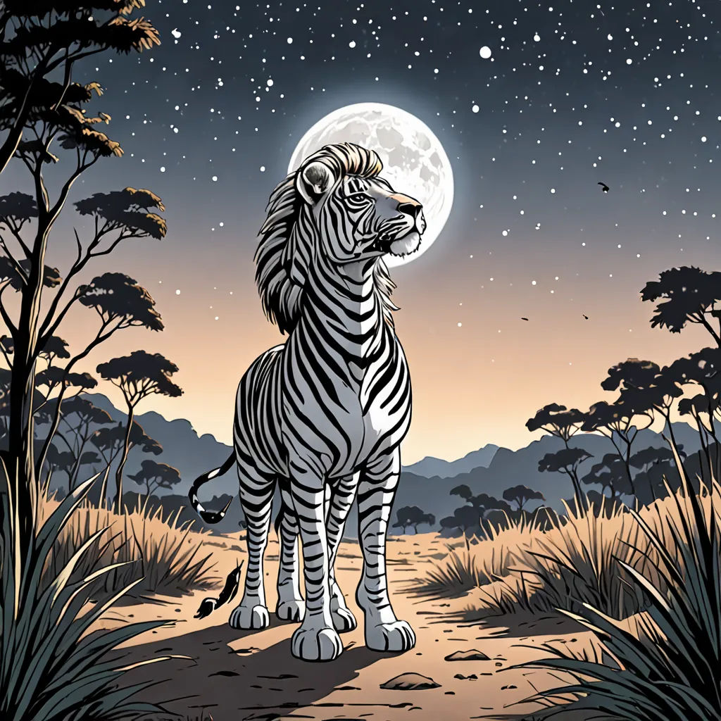 a zebra standing in the middle of a field under a full moon sky with trees and bushes around it, naturalism, an album cover, Chris LaBrooy, comic cover art