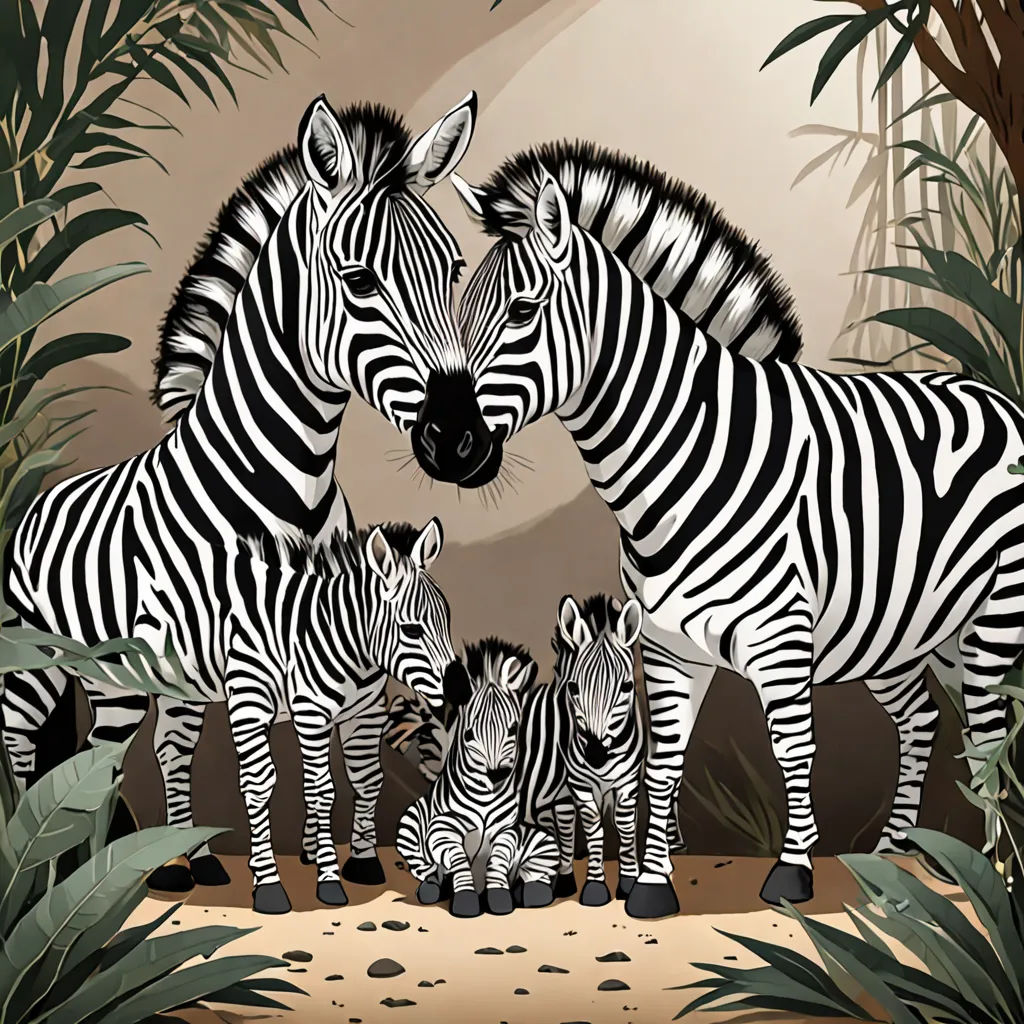 a group of zebras standing in a jungle setting with a full moon in the background and a few leaves, magic realism, a storybook illustration, David Martin, walton ford