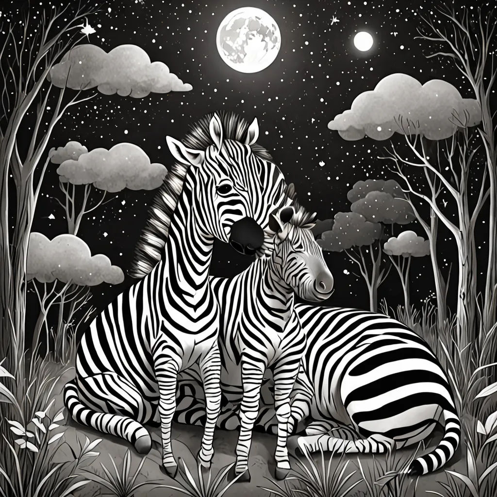 a couple of zebra standing next to each other on a field of grass and trees at night with the moon in the sky, psychedelic art, a storybook illustration, Dan Hillier, detailed illustration