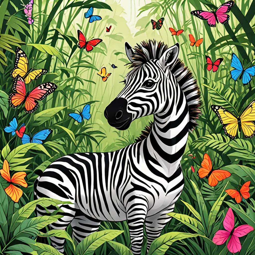 a zebra standing in a field of butterflies and grass with a butterfly in the background of the picture,, psychedelic art, a storybook illustration, Chris LaBrooy, detailed illustration