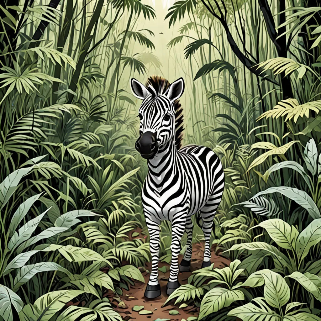 a zebra standing in the middle of a jungle with lots of plants and trees around it, with a light shining on the zebra, fantastic realism, a storybook illustration, Chris LaBrooy, walton ford