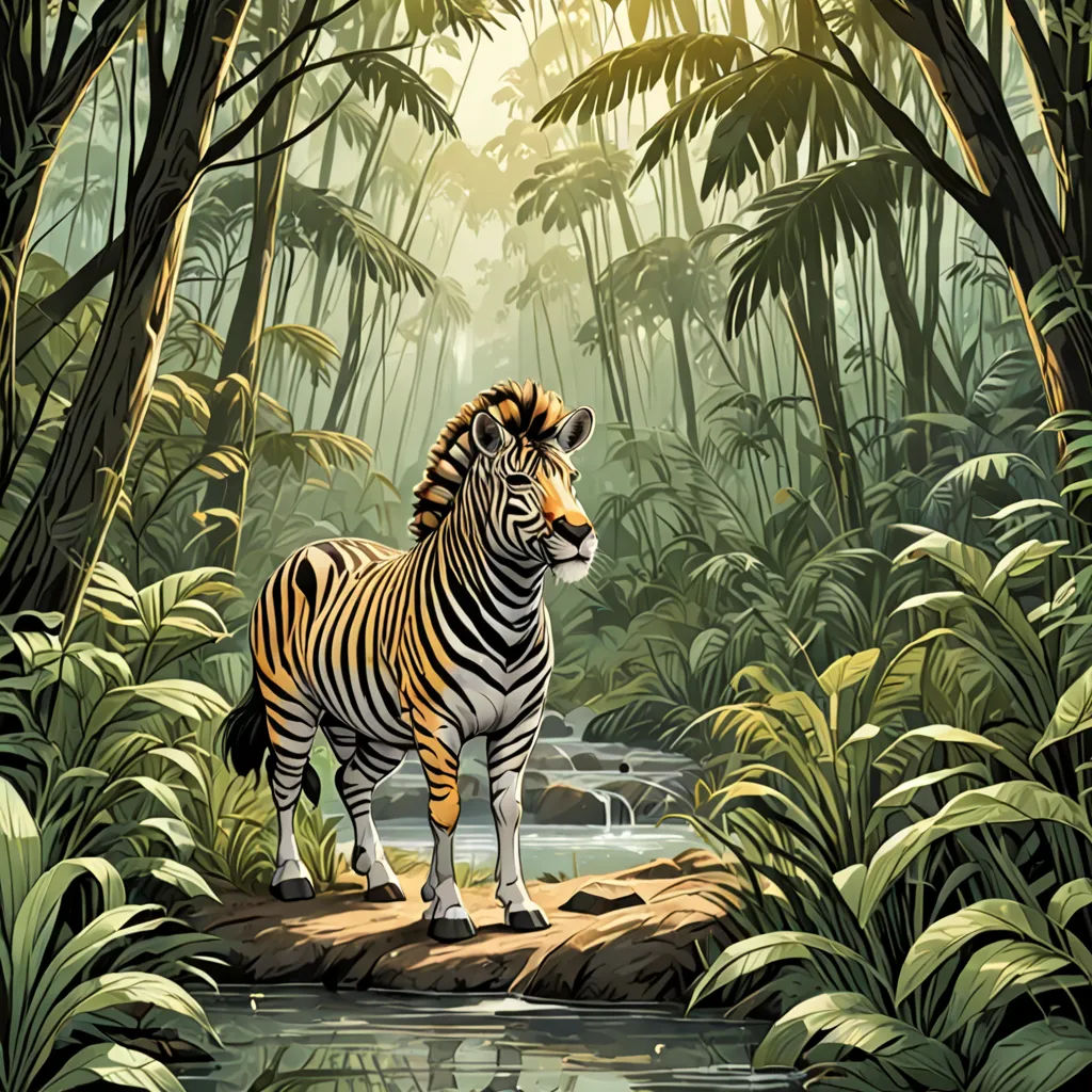 a zebra standing in the middle of a jungle with a stream running through it's center and trees, naturalism, a storybook illustration, Chris LaBrooy, jungle