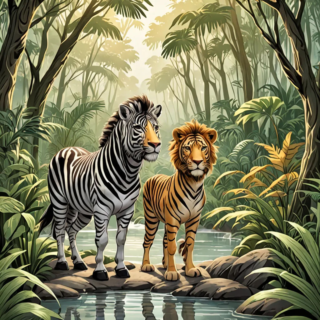 a painting of two zebras standing in a jungle setting with a stream running through it and trees and foliage, naturalism, a storybook illustration, Chris LaBrooy, highly detailed digital painting
