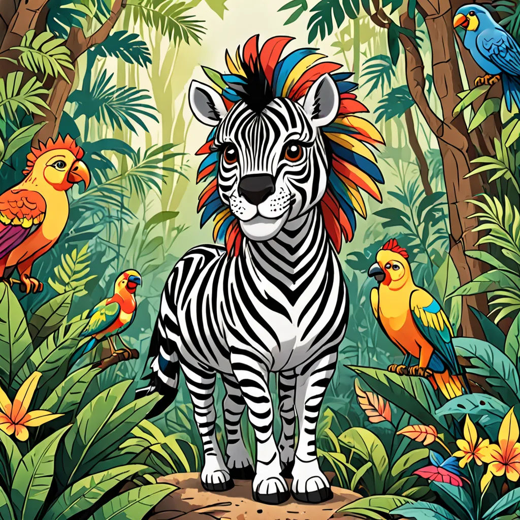 a zebra standing in the middle of a jungle with birds and flowers around it, and a bird on the side of the zebra, psychedelic art, a storybook illustration, Chris LaBrooy, detailed illustration