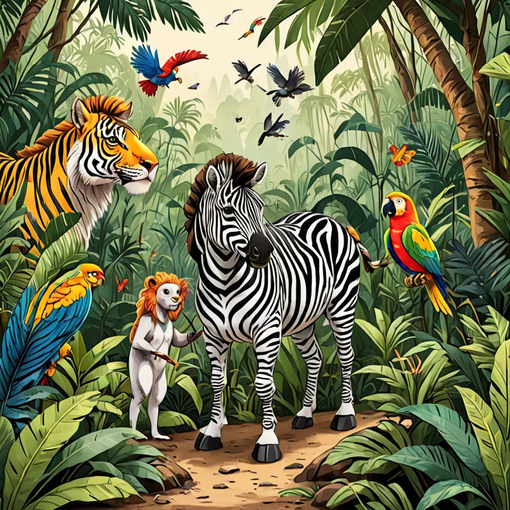 a painting of a zebra and other animals in a jungle setting with birds and parrots around it,, naive art, a storybook illustration, Chris LaBrooy, promotional image