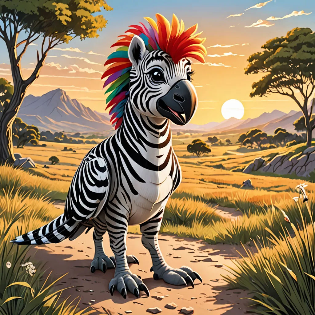 a zebra with a mohawk standing on a dirt road in a field with trees and grass in the background, furry art, a character portrait, Chris LaBrooy, trending on furaffinity