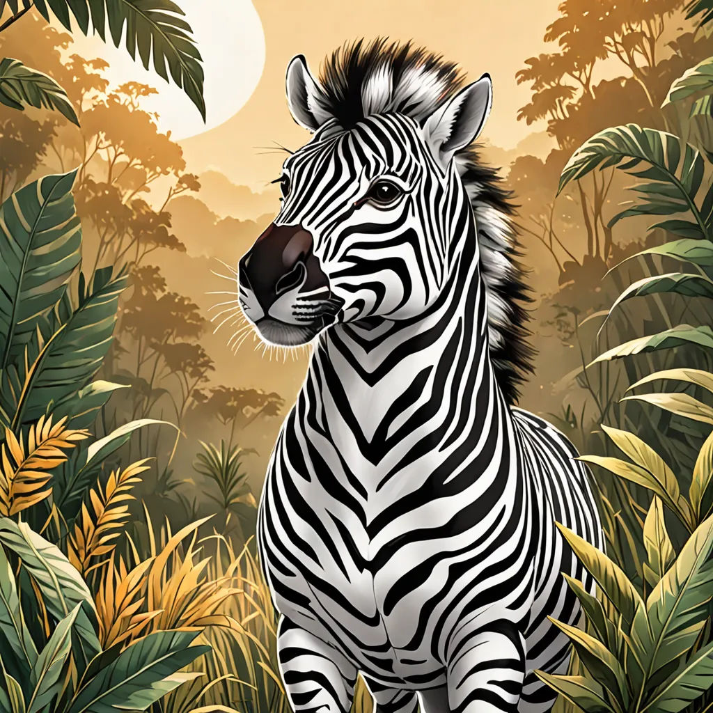 a zebra standing in a jungle with trees and bushes in the background and a full moon in the sky, naturalism, a character portrait, Chris LaBrooy, highly detailed digital painting