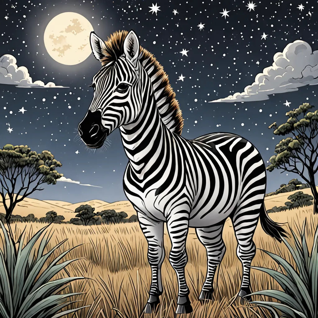 a zebra standing in a field with a full moon in the background and stars in the sky above it, psychedelic art, a storybook illustration, Art Spiegelman, detailed illustration