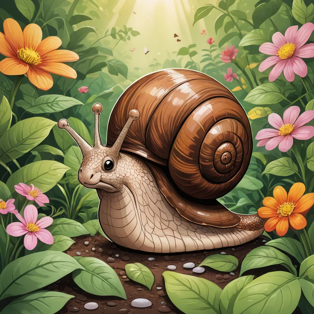 a snail is crawling in the middle of a flower garden with daisies and daisies around it, with the sun shining through the leaves, sots art, a storybook illustration, Chris LaBrooy, highly detailed digital painting