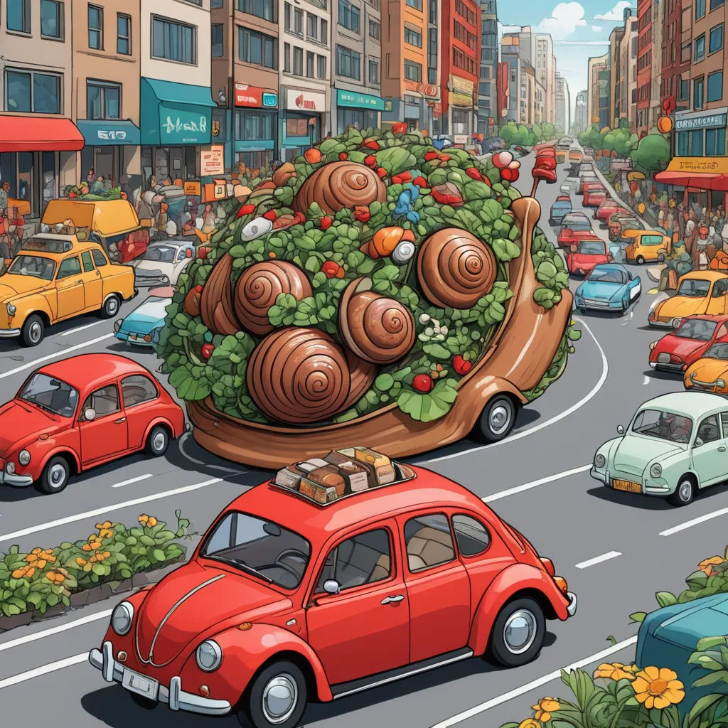 a cartoon of a street filled with cars and a giant object in the middle of the road with snails on top, ecological art, a storybook illustration, Chris LaBrooy, detailed illustration