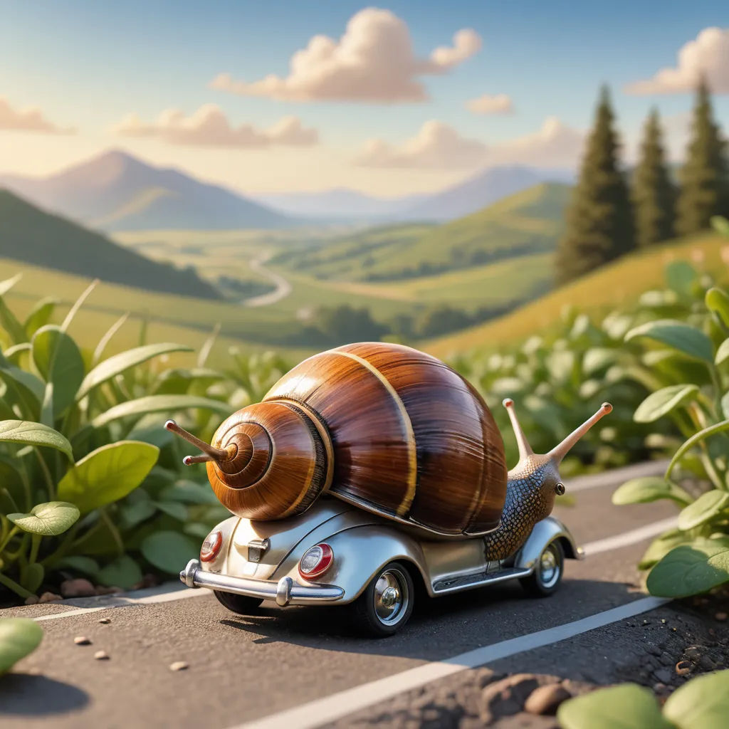 a snail is riding on the back of a car in the road in the middle of a field of green plants, photorealism, a 3D render, Chris LaBrooy, cgstudio