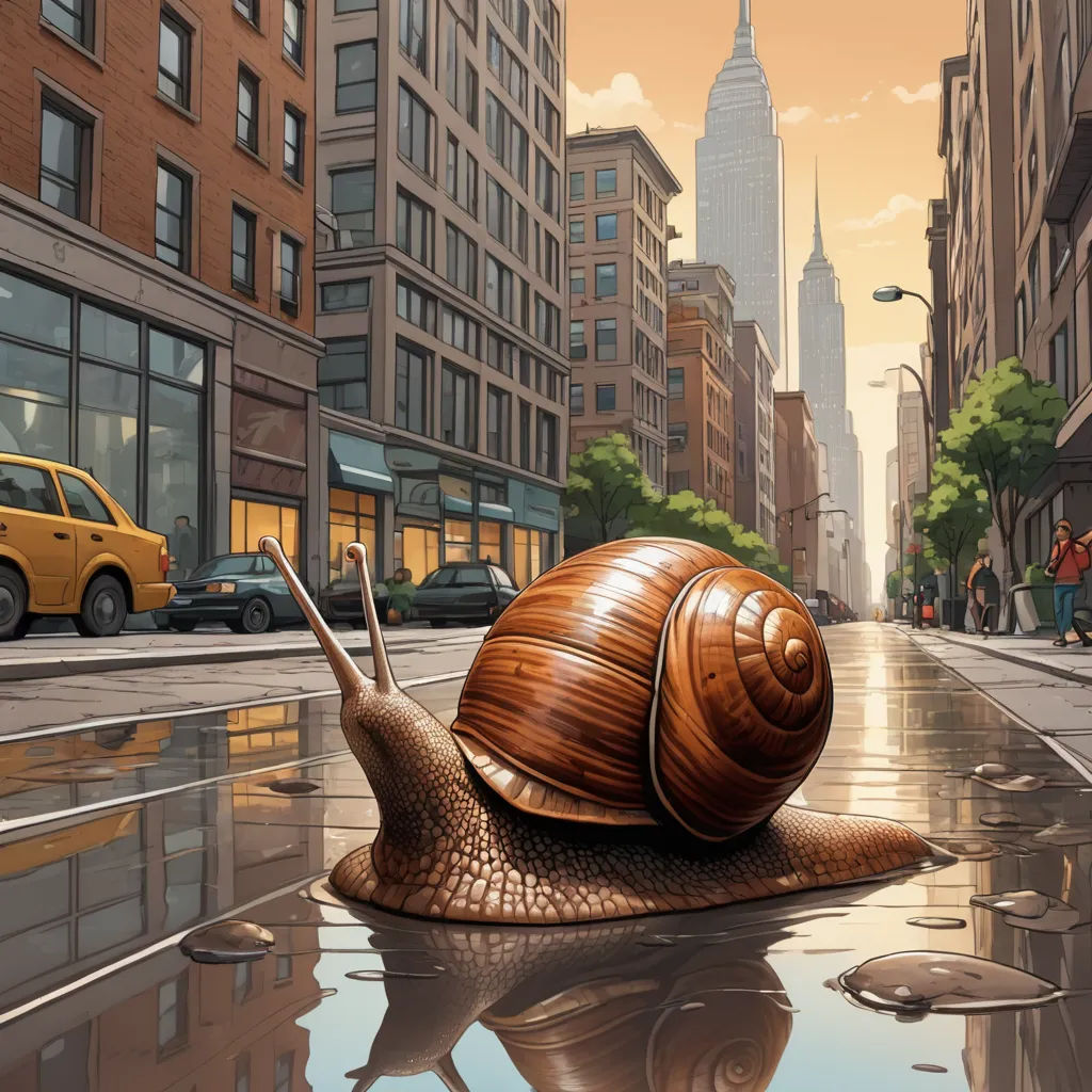 a snail is sitting on the ground in the middle of a city street with buildings and cars in the background, american scene painting, a digital painting, Chris LaBrooy, highly detailed digital painting