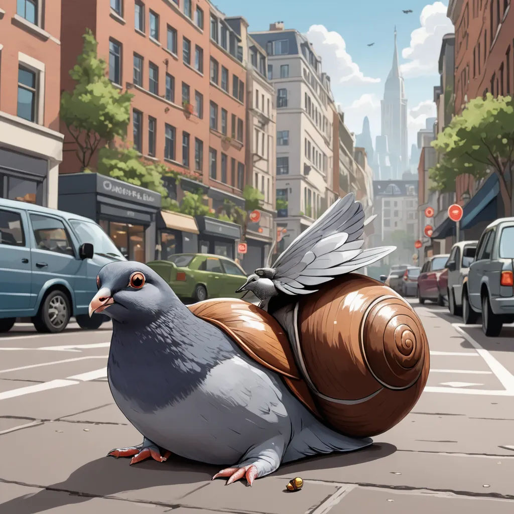 a pigeon sitting on the ground in the middle of a city street with a snail on its back and a bird on its back, photorealism, a storybook illustration, Chris LaBrooy, city background