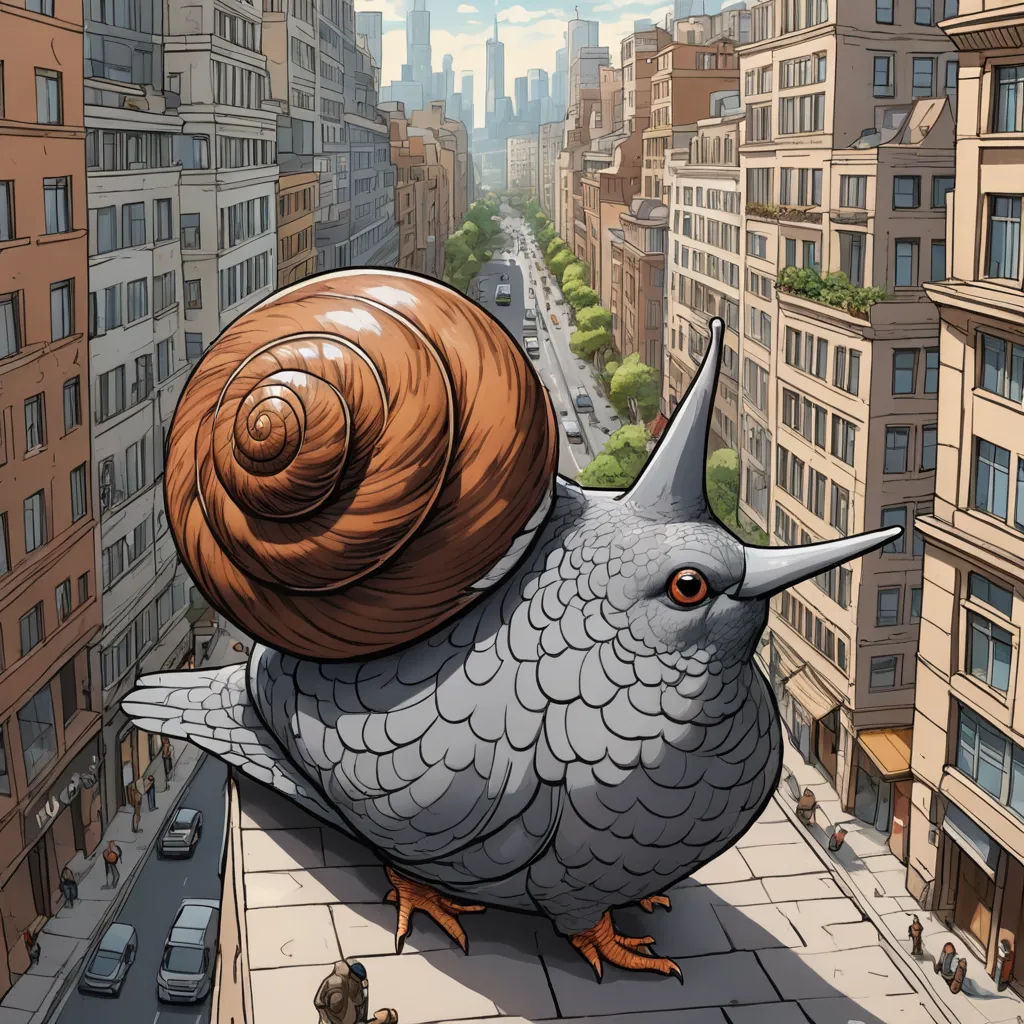a cartoon of a snail on a city street with buildings in the background and a man walking on the sidewalk, fantastic realism, a comic book panel, Chris LaBrooy, giantess art