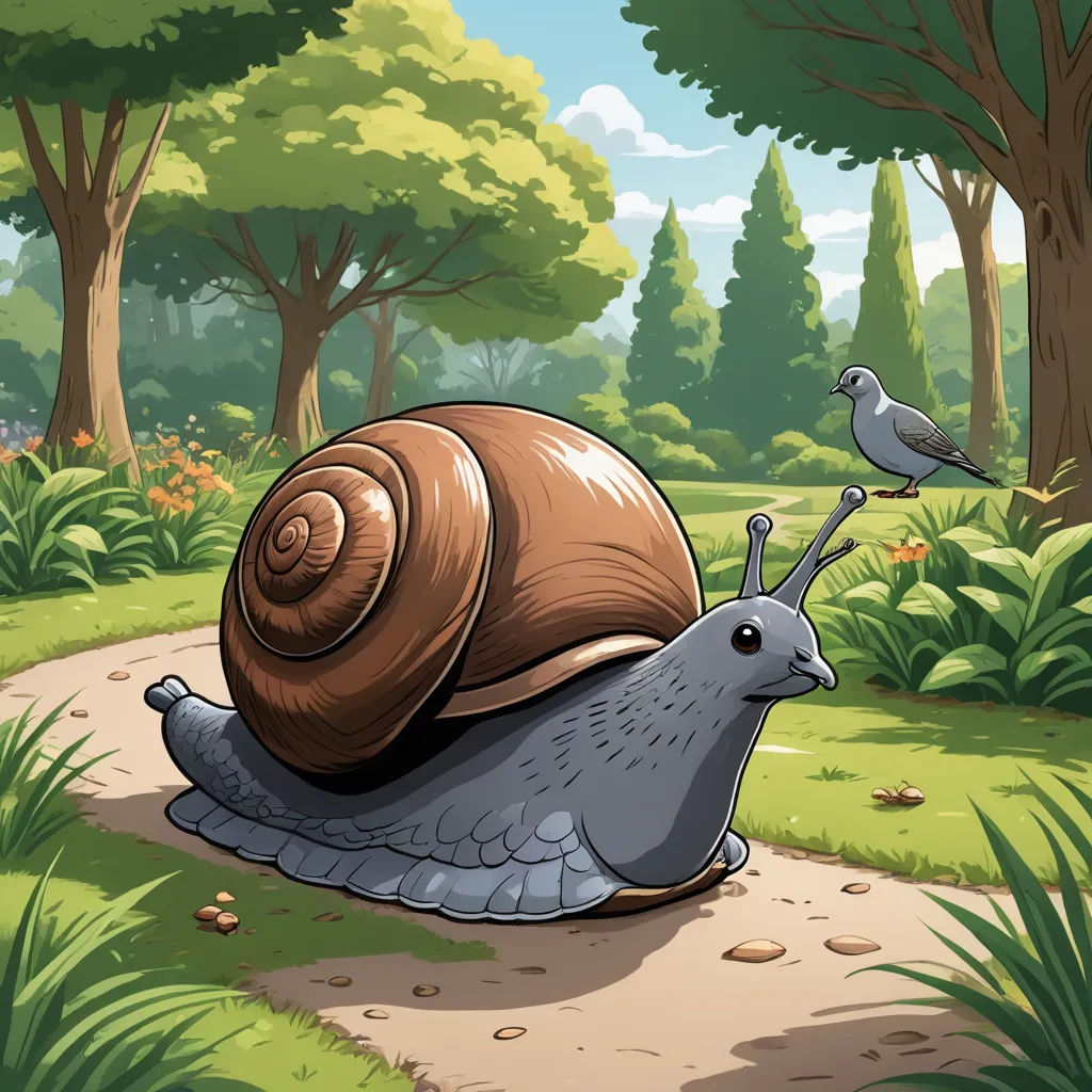 a snail is walking down a path in the park with a bird on it's back end and a bird on its back end, sots art, a storybook illustration, Chris LaBrooy, storybook illustration