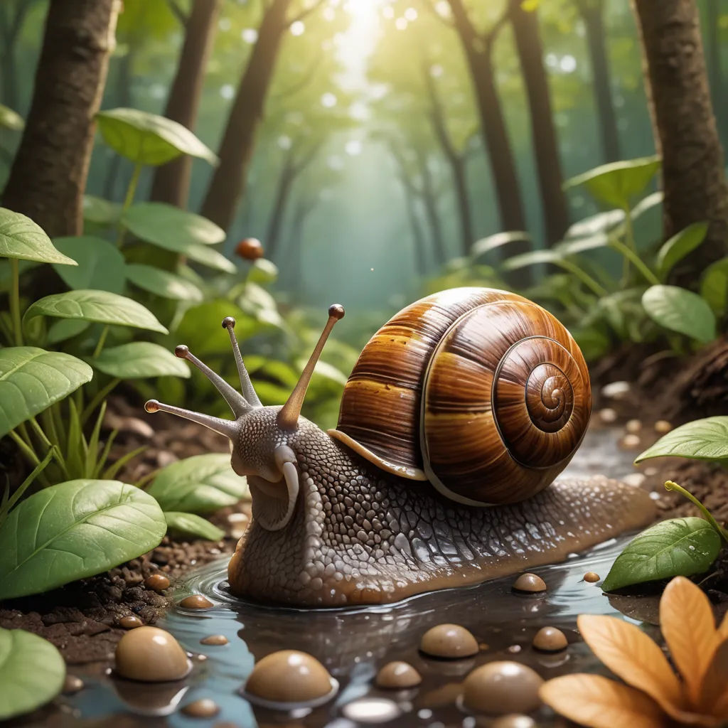 a snail is sitting on a rock in a forest with leaves and rocks on the ground and a stream running through it, fantasy art, a photorealistic painting, Chris LaBrooy, ultra realistic digital art