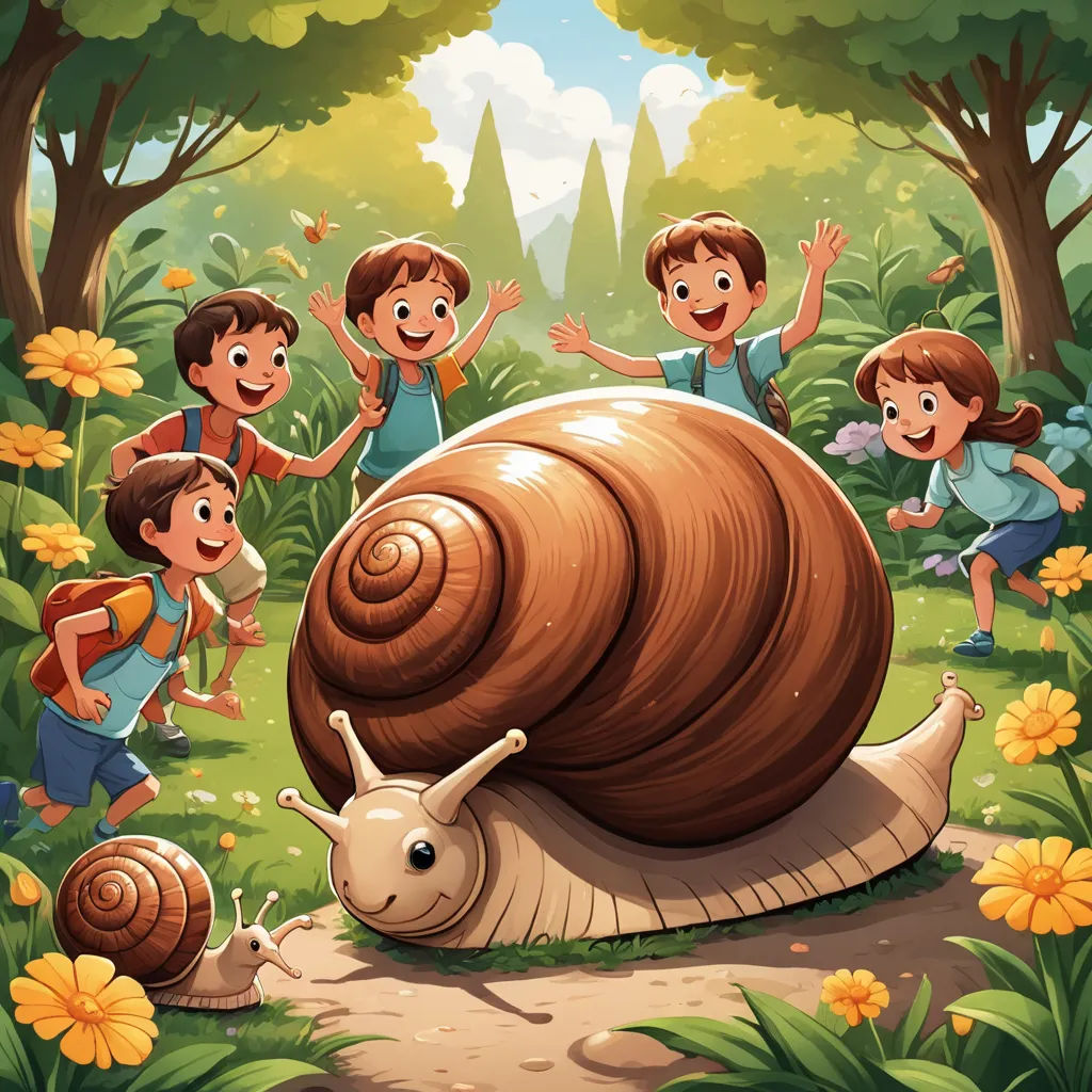 a group of children standing around a snail in the forest with a snail on its back and a snail on its back, naive art, a storybook illustration, Diego Gisbert Llorens, storybook illustration