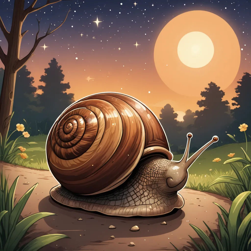 a snail is walking on a path in the night time with the moon in the background and stars in the sky, sots art, a storybook illustration, Chris LaBrooy, game art