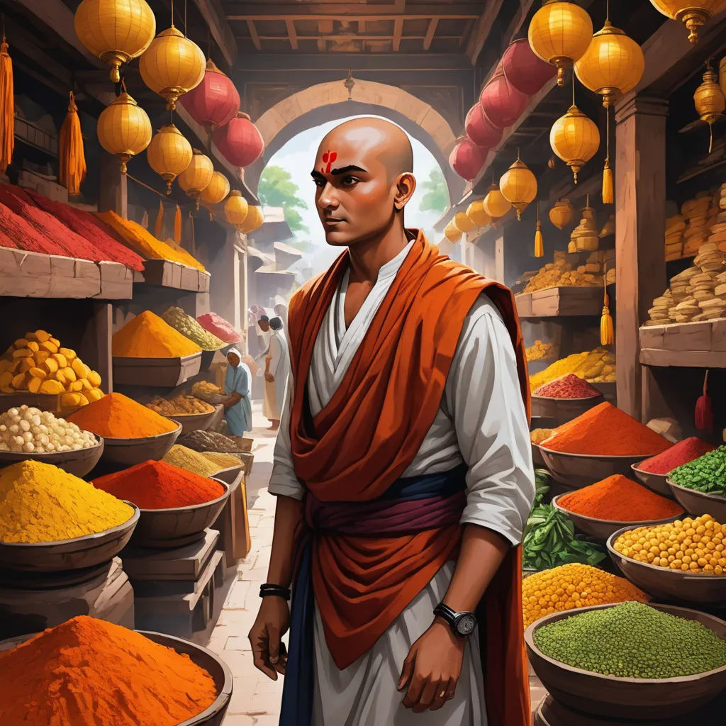 a man standing in a market with lots of food in bowls and bowls on the floor and a lot of orange and yellow balls hanging from the ceiling, samikshavad, a character portrait, Clint Cearley, magic the gathering artwork