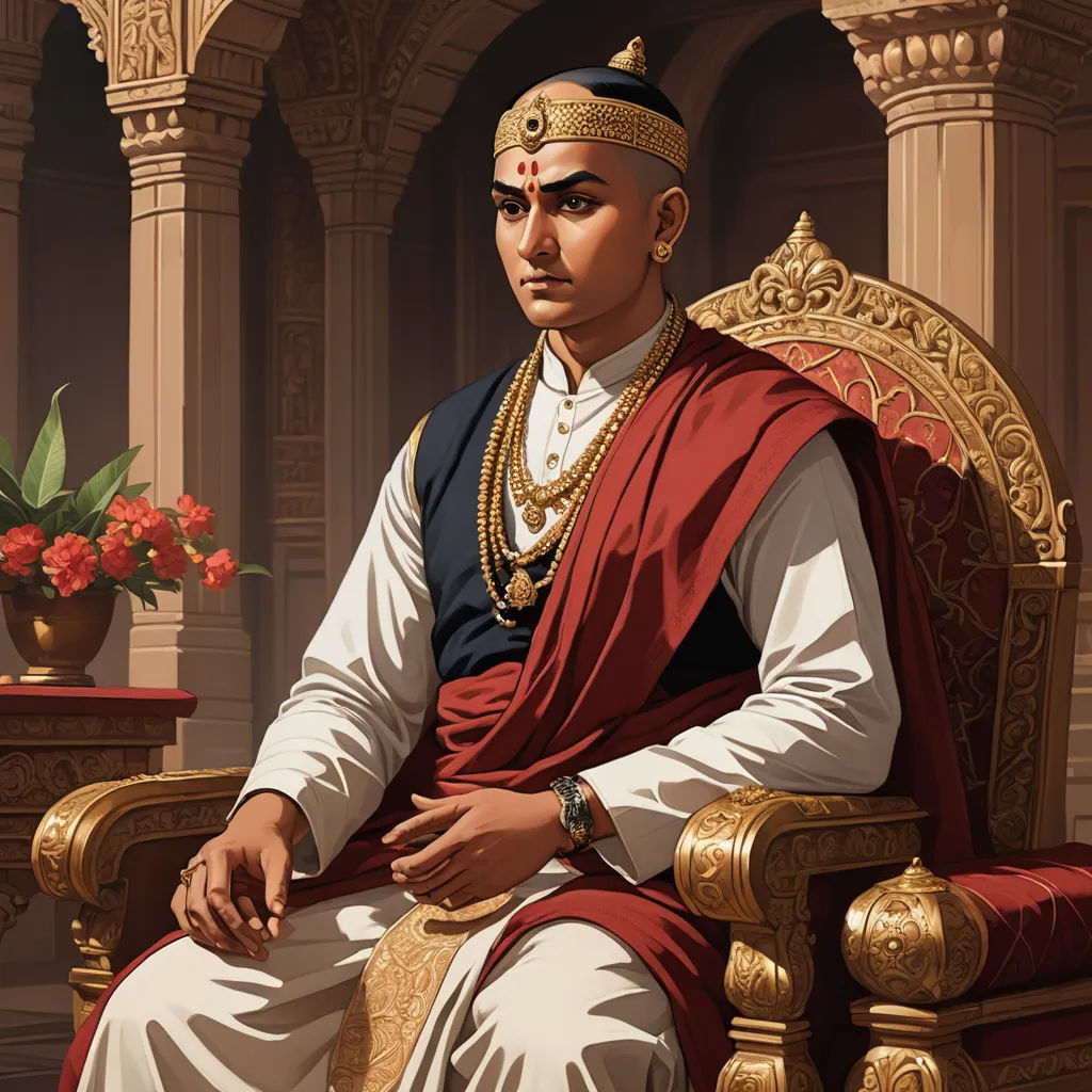 a painting of a man in a regal outfit sitting in a chair with a vase of flowers in the background, samikshavad, a detailed painting, Bholekar Srihari, official art