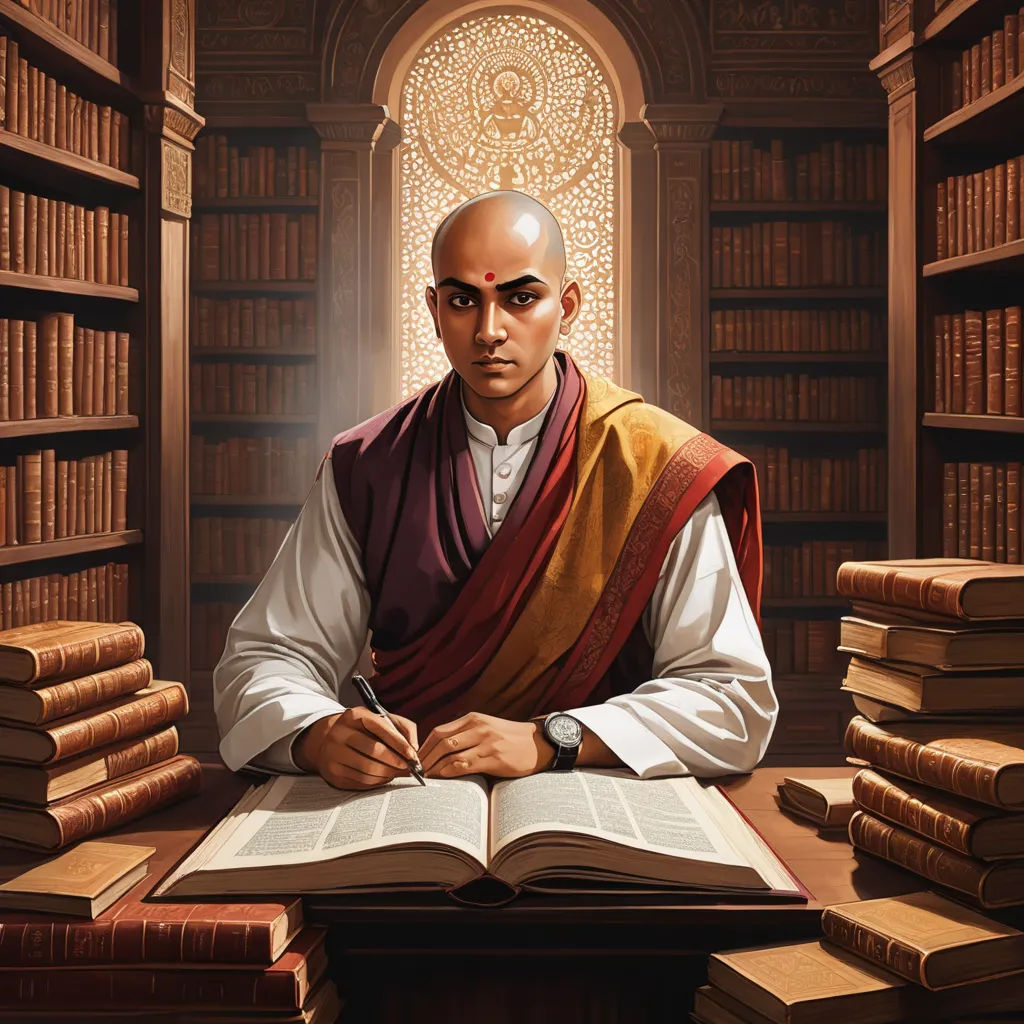 a man sitting at a desk with a book in front of him and a lot of books behind him, samikshavad, a character portrait, Anthony Devas, character portrait