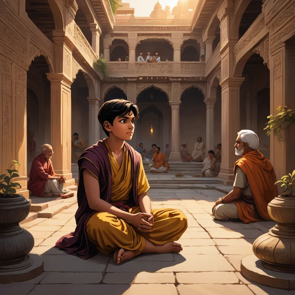 a painting of a man sitting in a courtyard with other people around him and a potted plant in the corner, samikshavad, a detailed matte painting, Anthony Devas, official art