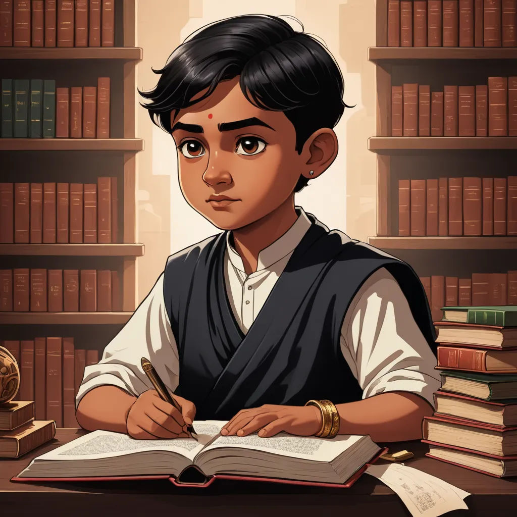 a boy sitting at a desk with a book in front of him and a clock in the background with books on the shelves, samikshavad, a character portrait, Bikash Bhattacharjee, jayison devadas