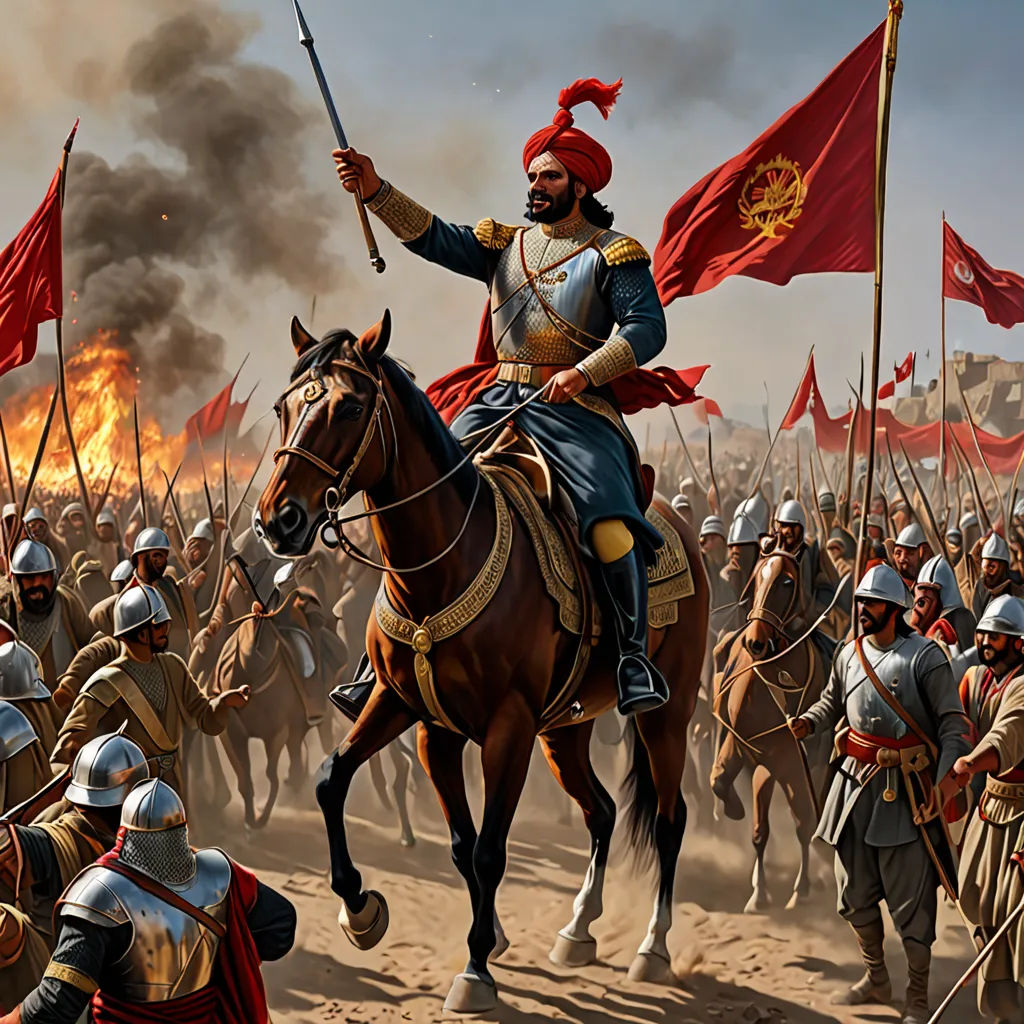 a painting of a man on a horse with a sword in his hand and a group of men in full armor behind him, qajar art, a detailed painting, Altoon Sultan, official art