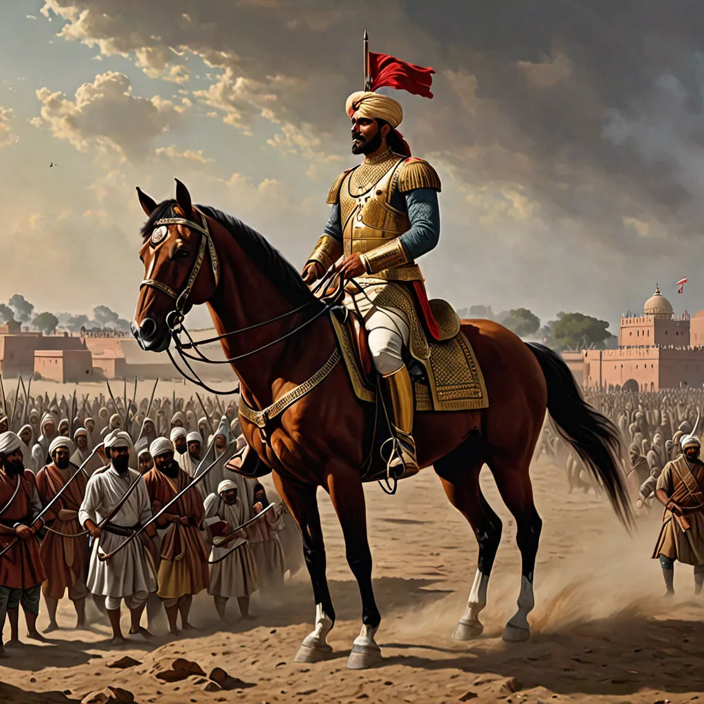 a painting of a man riding a horse in front of a group of men in uniform and in uniform, samikshavad, a detailed painting, Anthony Devas, detailed painting