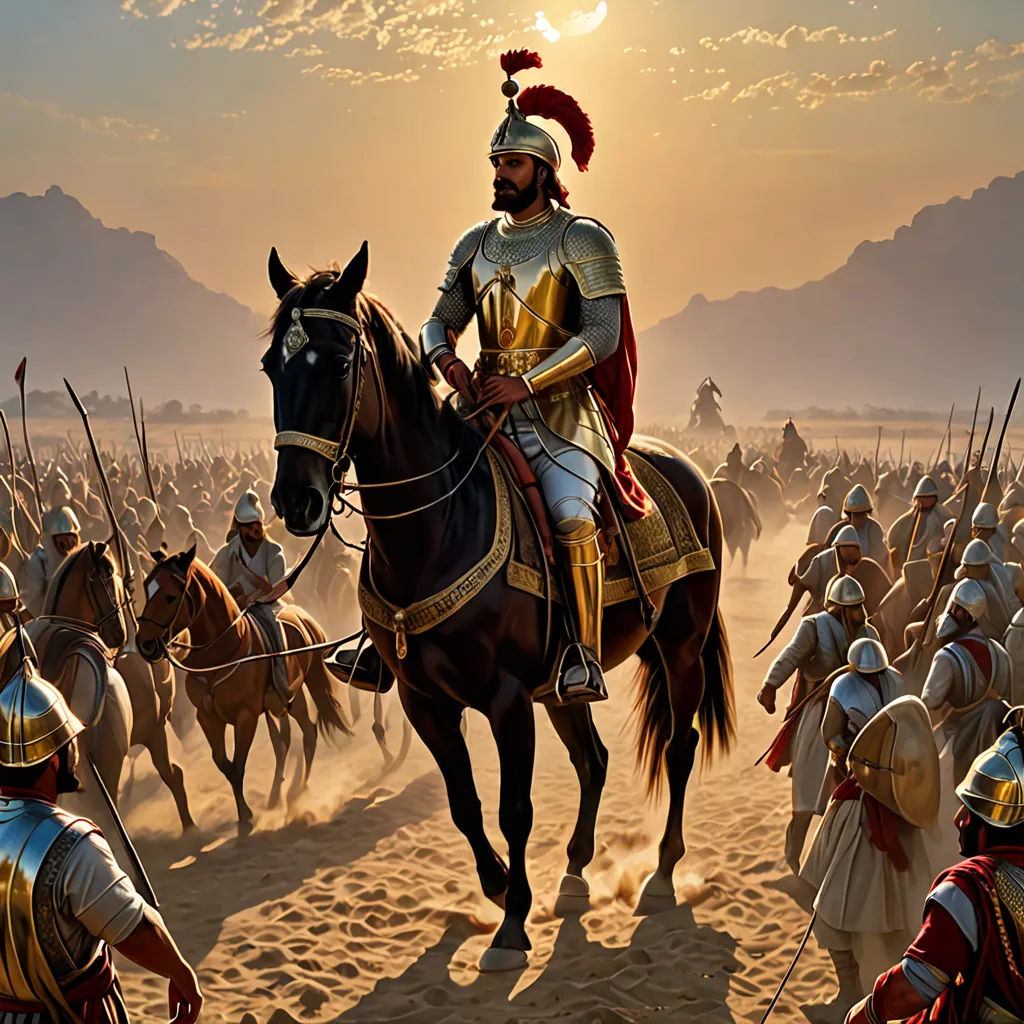 a painting of a man riding a horse in front of a group of men in armor on horseback in a desert, antipodeans, a detailed matte painting, Altoon Sultan, highly detailed digital painting