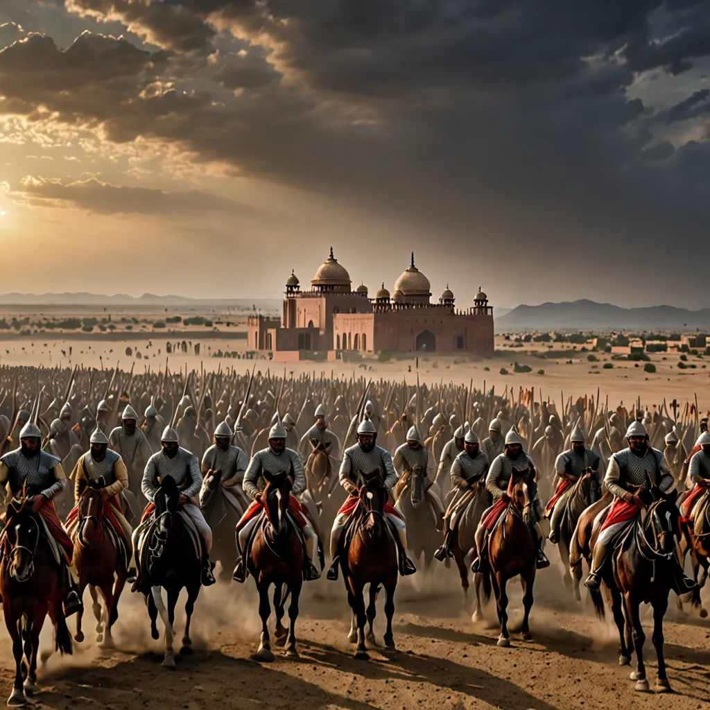 a large group of men riding horses in front of a castle with a sunset in the background and a dark sky, dau-al-set, a detailed matte painting, Amir Zand, cinematic photography