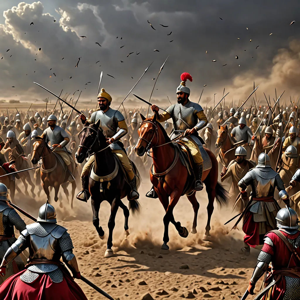 a painting of a group of men on horses in a field with a sky background and birds flying overhead, antipodeans, a detailed matte painting, Farid Mansour, war