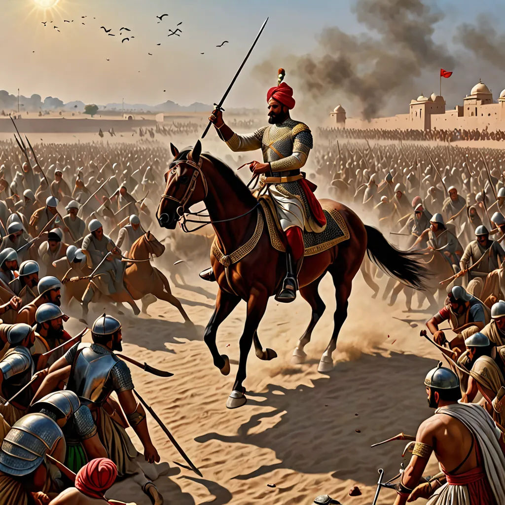 a painting of a man on a horse in front of a large group of men in armor and on horseback, samikshavad, a detailed painting, Altoon Sultan, detailed painting