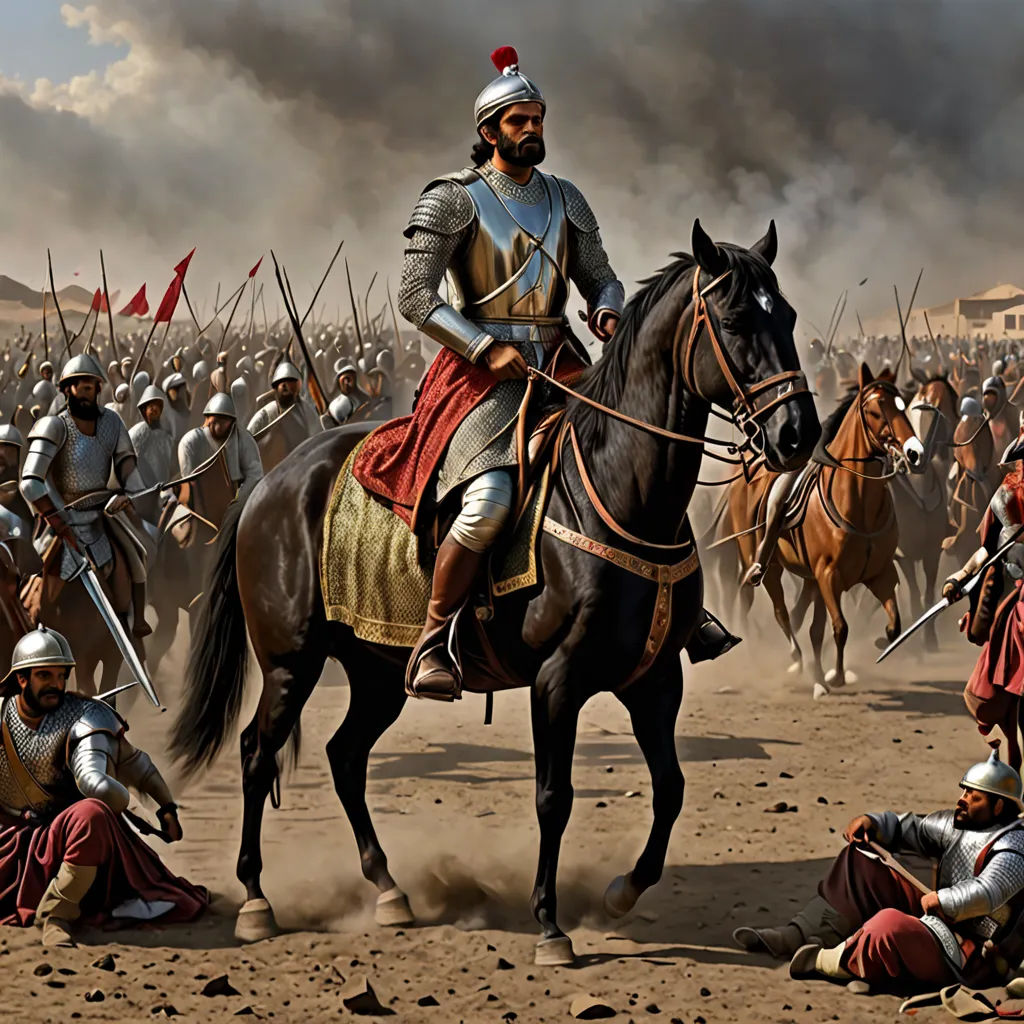 a painting of a man on a horse in front of a group of men in armor and on horseback, qajar art, a detailed painting, Altoon Sultan, art noveau