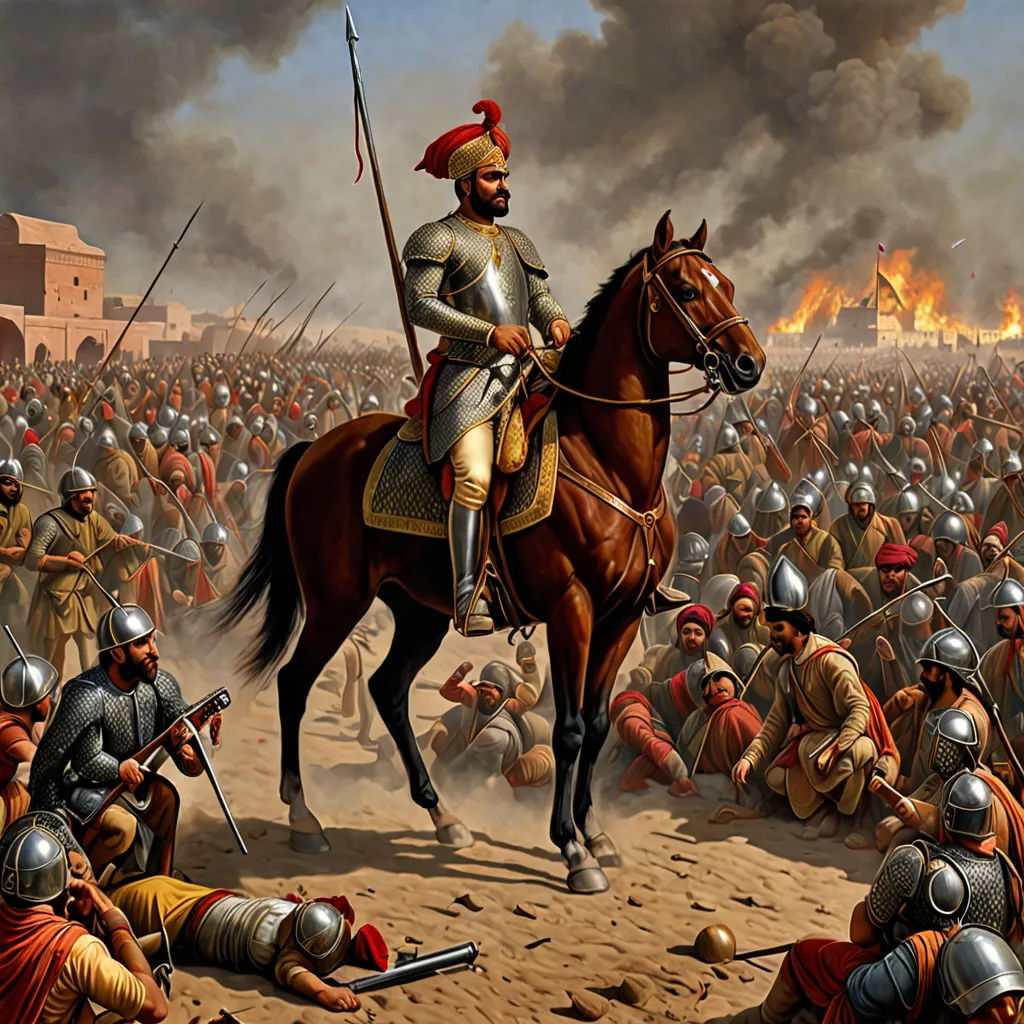 a painting of a man on a horse in front of a crowd of men in armor and on horseback, qajar art, a detailed painting, Altoon Sultan, war