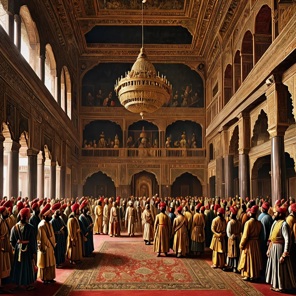 a painting of a large group of people in a room with a chandelier hanging from the ceiling, qajar art, a detailed matte painting, Altoon Sultan, highly detailed digital painting